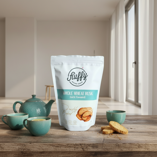 Packaging of Wholewheat Rusk with Garlic Flavour by Fluffy. The package is white with a transparent window showing the rusk inside, and the brand logo and product details printed on it.