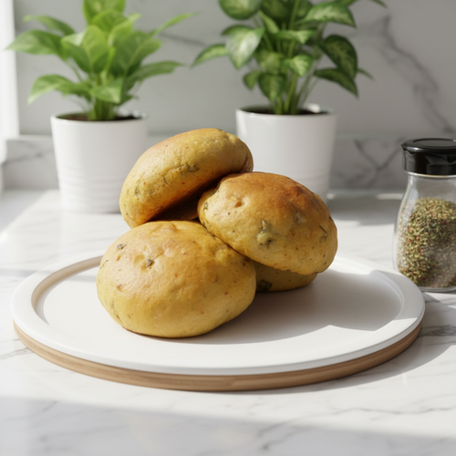Three golden-brown whole wheat buns with onion and desi masala toppings, placed on a wooden board with a leaf garnish on the side.