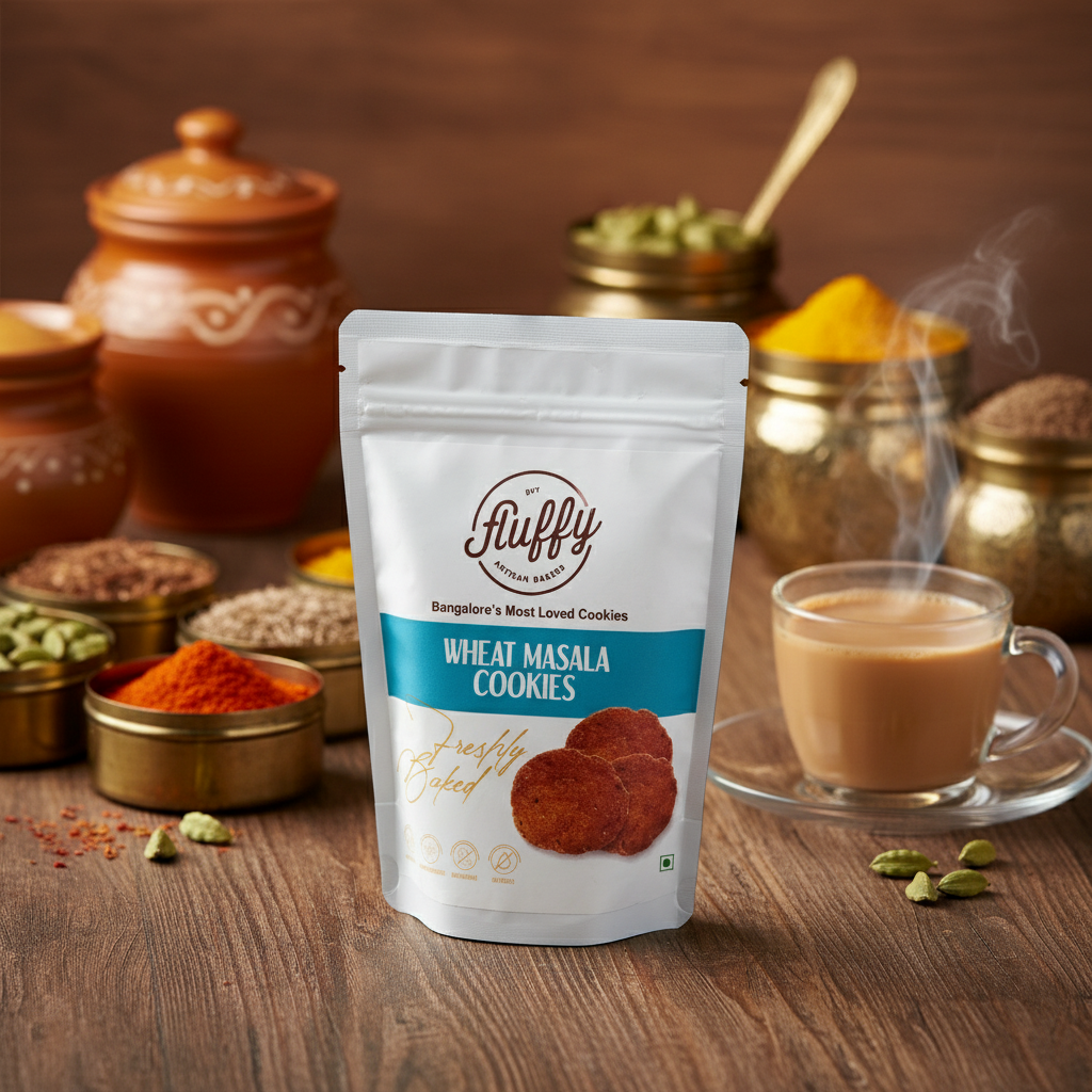 A packaged product labeled 'Wheat Masala Cookies' by Fluffy, with a picture of the cookie on the front.