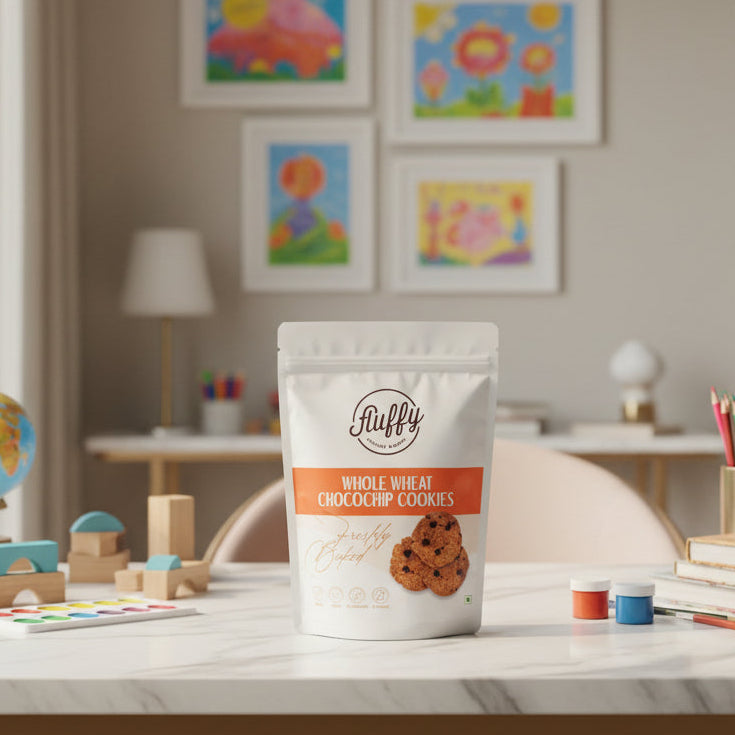 A packaged product labeled 'Whole Wheat Choco Chip Cookies' by Fluffy, showing the cookies with chocolate chips through a clear window.