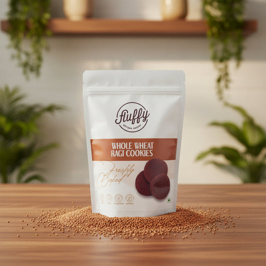A packaged product labeled 'Whole Wheat Ragi Cookies' by Puffy, with an image of the cookies in front.